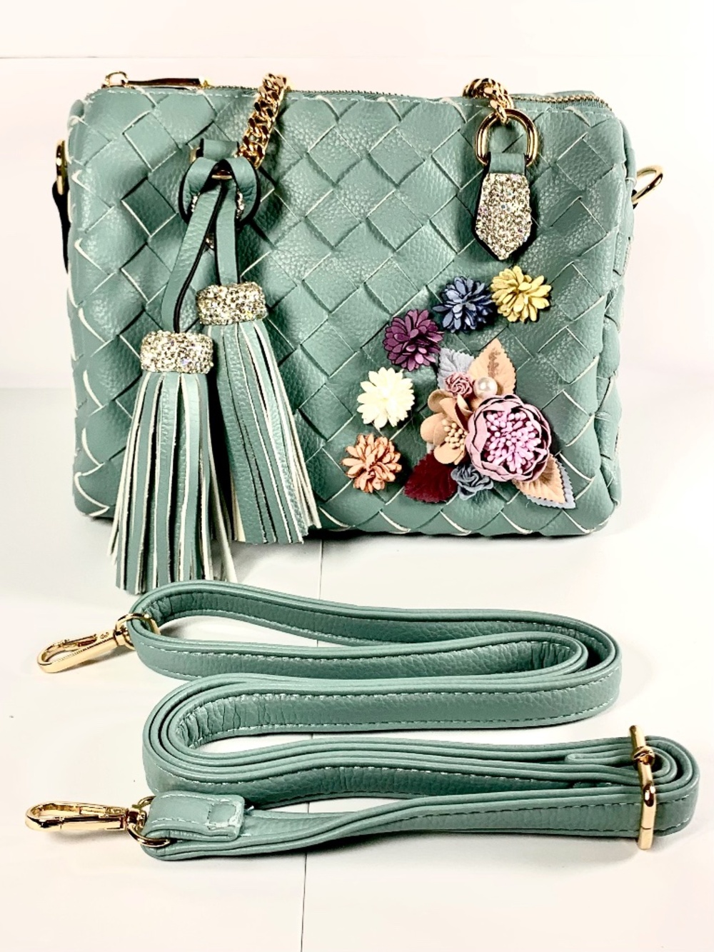 Bling 3D pink floral rhinestone bag green/blue woven satchel crossbody gold-tone